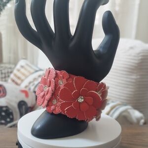 CORAL Floral Leather Bracelet with Rhinestones